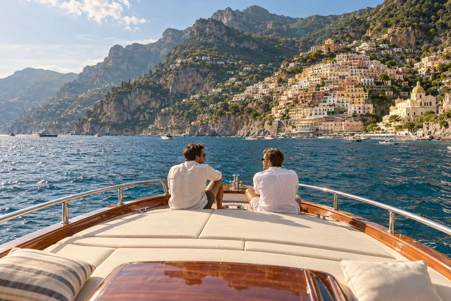 Friends talking on a wooden yacht off Italy’s Amalfi Coast