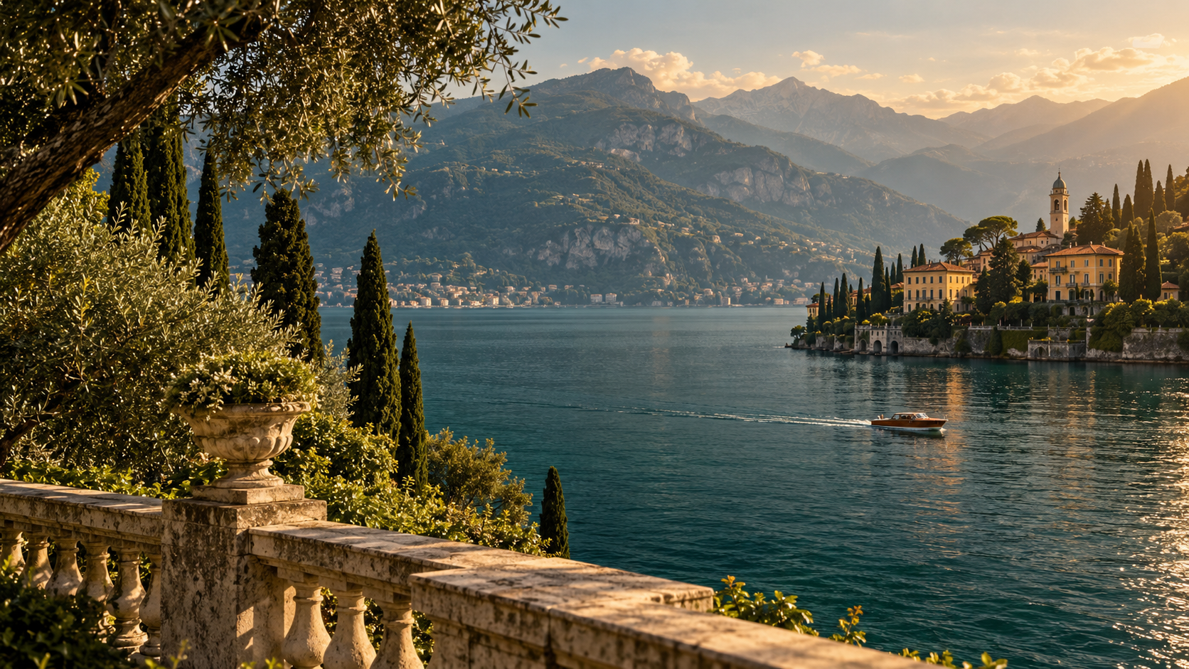 Golden evening light over Lake Como, with Italian villas, cypress trees and a wooden boat on the water